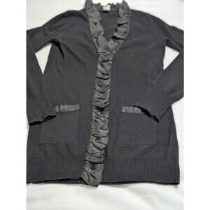 j‎ crew Black ruffle cardigan tunic wool cashmere silk Trim Small Quiet Luxury